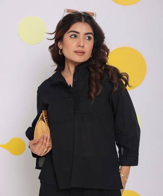 Black summer relaxed buttoned formal linen collared shirt 4