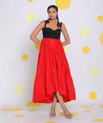 Black and red bust fitted party wear 100% cotton high low midi dress 1