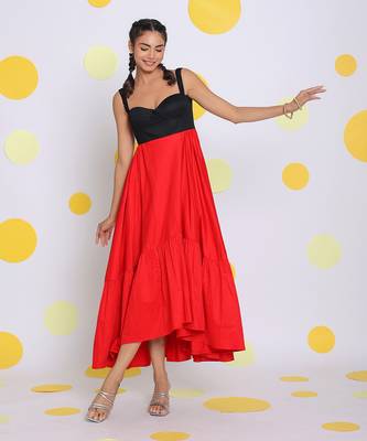 Black and red bust fitted party wear 100% cotton high low midi dress 3