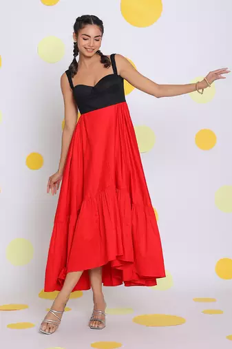 Black and red bust fitted party wear 100% cotton high low midi dress