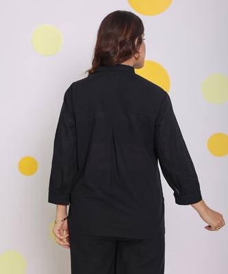 Black summer relaxed buttoned formal linen collared shirt 6