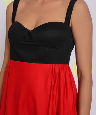 Black and red bust fitted party wear 100% cotton high low midi dress 5