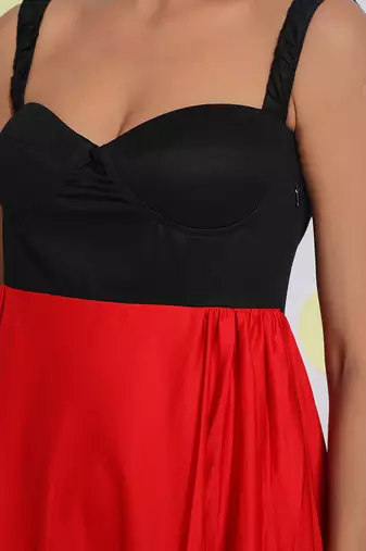 Black and red bust fitted party wear 100% cotton high low midi dress