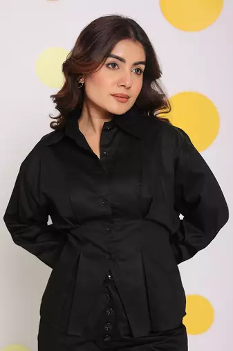 Black summer bust fitted collared everyday wear 100% cotton shirt