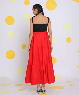 Black and red bust fitted party wear 100% cotton high low midi dress 6