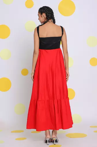 Black and red bust fitted party wear 100% cotton high low midi dress