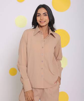 Beige summer relaxed collared everyday wear buttoned shirt 1