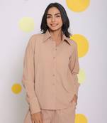 Beige summer relaxed collared everyday wear buttoned shirt
