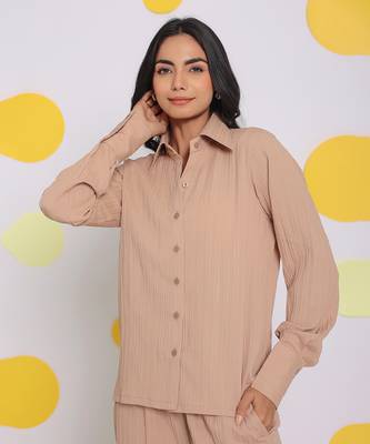Beige summer relaxed collared everyday wear buttoned shirt 4