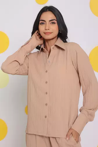 Beige summer relaxed collared everyday wear buttoned shirt