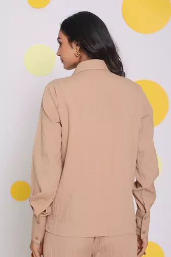 Beige summer relaxed collared everyday wear buttoned shirt