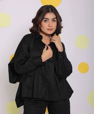 Black summer with baby pink back tie up 100% cotton shirt 1