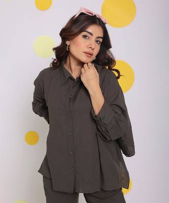 Grey summer relaxed buttoned formal linen collared shirt 4