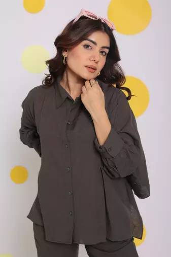 Grey summer relaxed buttoned formal linen collared shirt