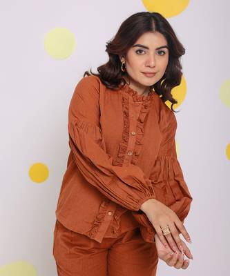 Brown summer frilled relaxed buttoned formal linen shirt 1