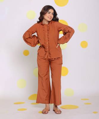 Brown summer frilled relaxed buttoned formal linen shirt 3
