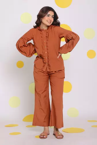 Brown summer frilled relaxed buttoned formal linen shirt