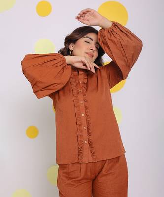 Brown summer frilled relaxed buttoned formal linen shirt 4