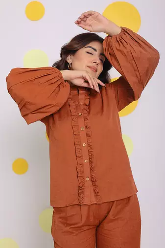 Brown summer frilled relaxed buttoned formal linen shirt