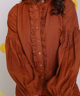 Brown summer frilled relaxed buttoned formal linen shirt 5