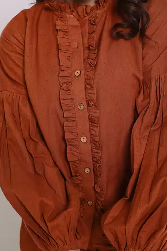 Brown summer frilled relaxed buttoned formal linen shirt