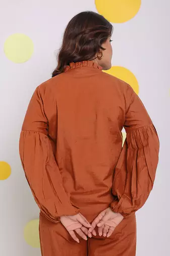 Brown summer frilled relaxed buttoned formal linen shirt