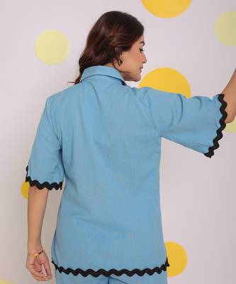 Sky blue buttoned summer relaxed collared linen shirt 6