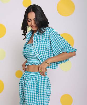 White and aqua blue summer relaxed collared crop shirt 3