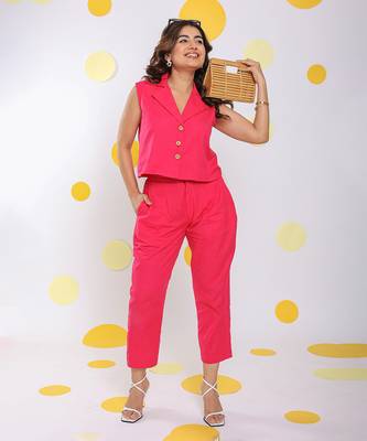 Linen hot pink summer sleeveless relaxed collared waist coat 4