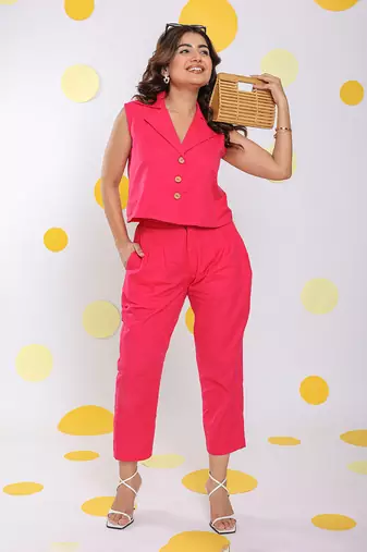 Linen hot pink summer sleeveless relaxed collared waist coat