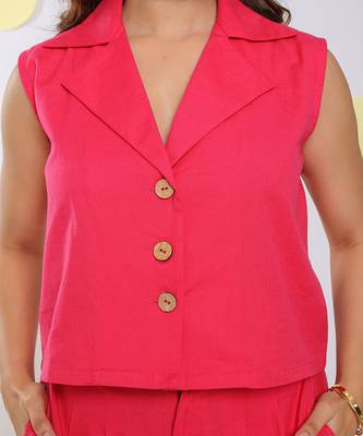 Linen hot pink summer sleeveless relaxed collared waist coat 5