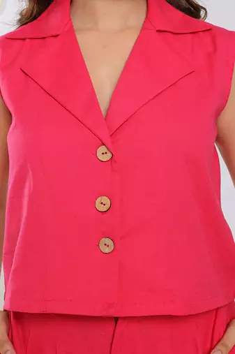 Linen hot pink summer sleeveless relaxed collared waist coat
