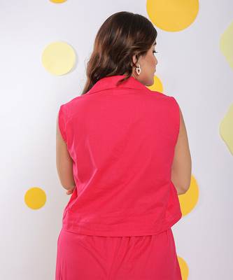 Linen hot pink summer sleeveless relaxed collared waist coat 6