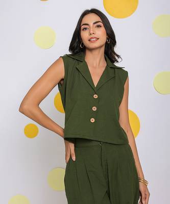 Olive green summer relaxed collared waist coat 100% cotton shirt 1