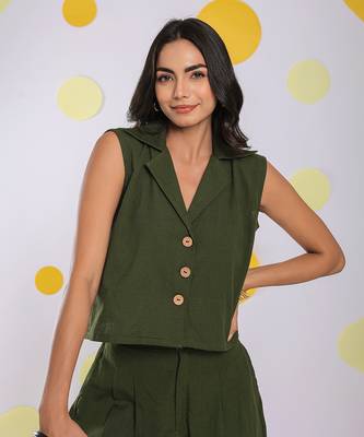 Olive green summer relaxed collared waist coat 100% cotton shirt 3