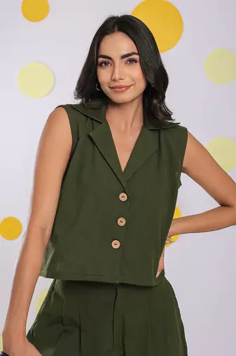 Olive green summer relaxed collared waist coat 100% cotton shirt