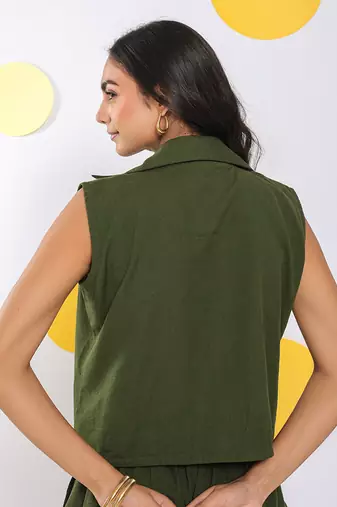 Olive green summer relaxed collared waist coat 100% cotton shirt