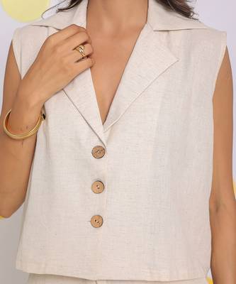 Off white summer relaxed collared waist coat linen shirt 5