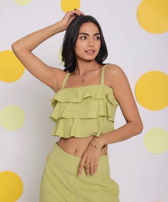 Light green layered crop resort wear linen top 1