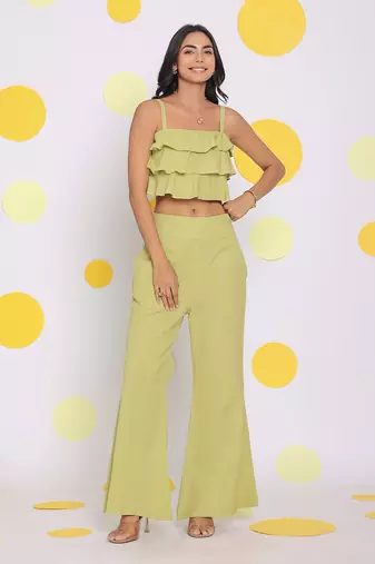 Light green layered crop resort wear linen top