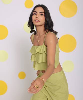 Light green layered crop resort wear linen top 4