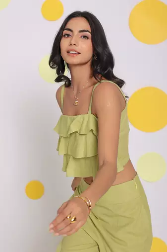 Light green layered crop resort wear linen top