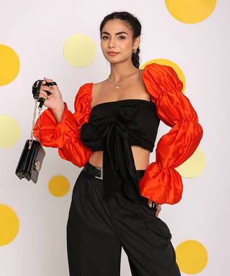 Black and orange statement puff sleeves top with front tie crop top 1