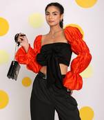 Black and orange statement puff sleeves top with front tie crop top
