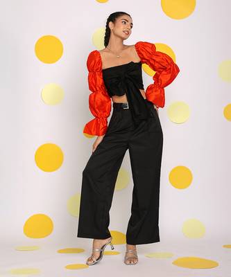 Black and orange statement puff sleeves top with front tie crop top 3