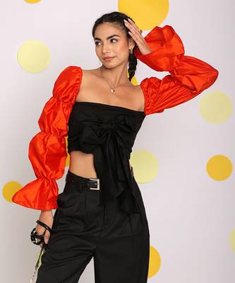 Black and orange statement puff sleeves top with front tie crop top 4