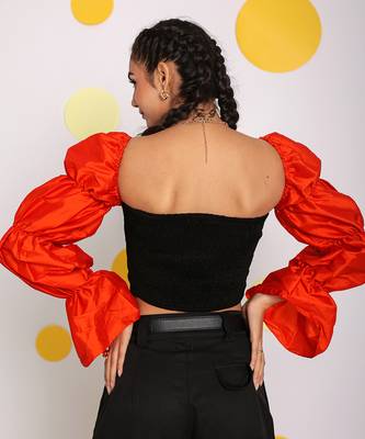 Black and orange statement puff sleeves top with front tie crop top 6