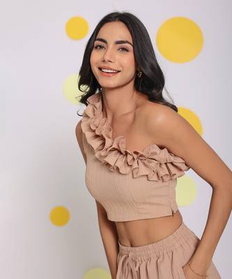 Beige summer one shoulder off frilled party wear crop top 1