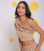 Beige summer one shoulder off frilled party wear crop top