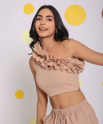 Beige summer one shoulder off frilled party wear crop top 4